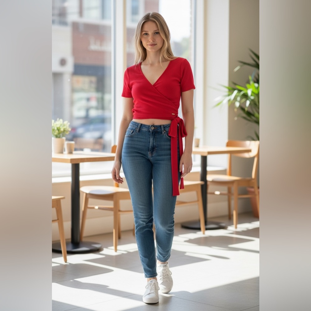 Hollister Red Ribbed Wrap Crop Top with Tie Waist – Size XS
